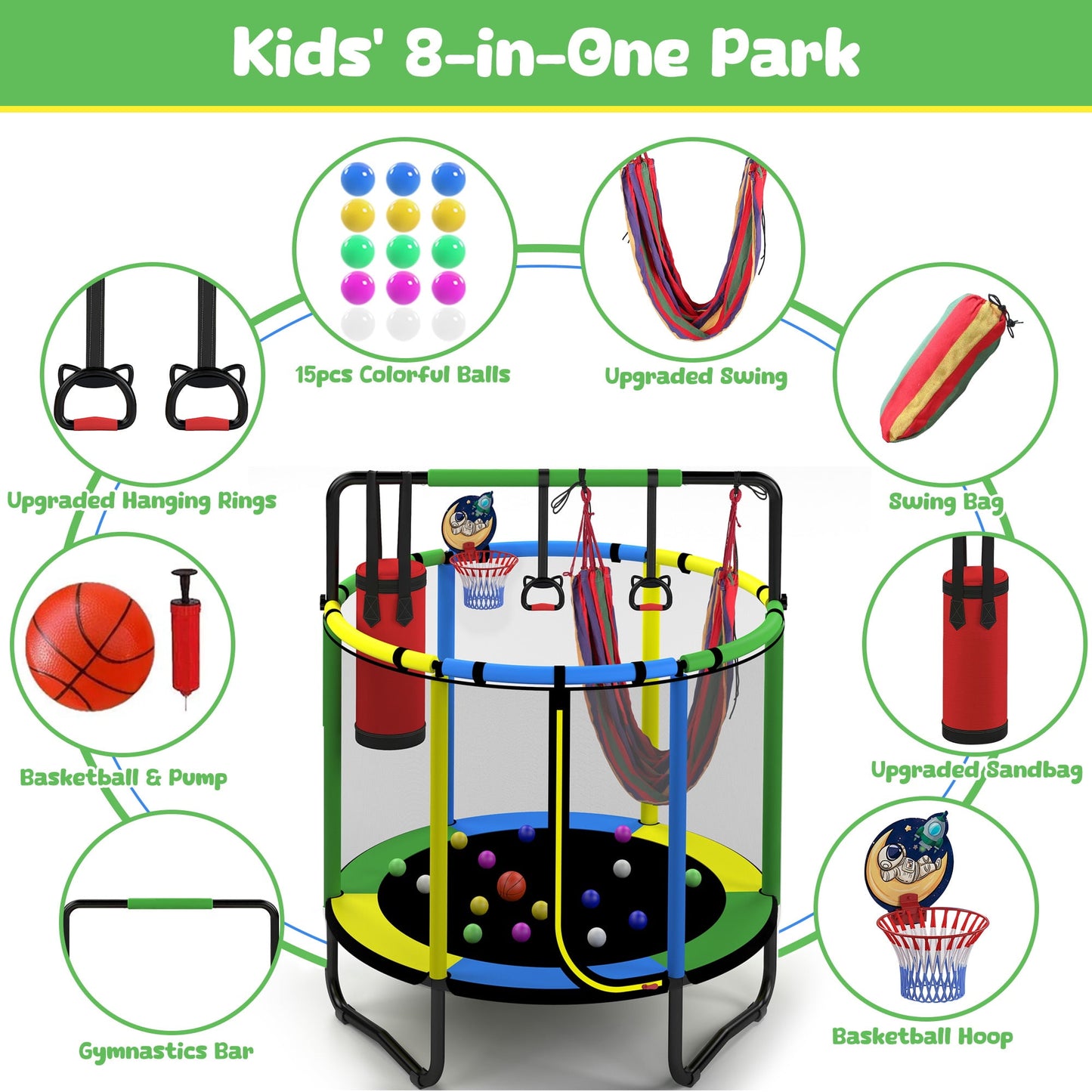 🌈Mini Round Trampoline for Kids, Indoor Outdoor Toddler Trampoline with Enclosure Net,Swing,Sandbag,Ring,Ocean Balls, Small Trampoline Gift for Boys Girls