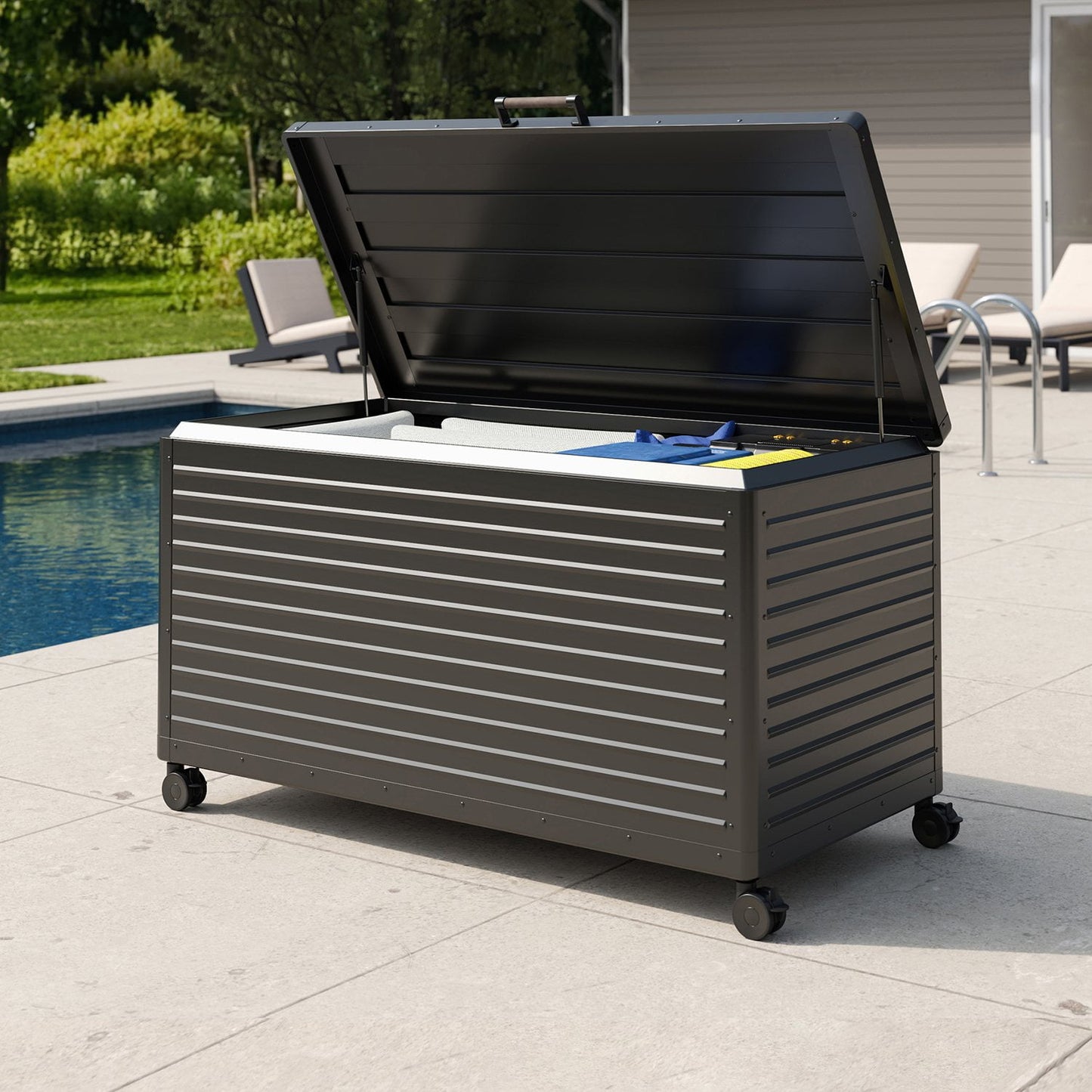 ✨Large Outdoor Metal Deck Box with Wheels, Storage Box with Lid for Patio Furniture, Garden Tools, Outdoor Cushion