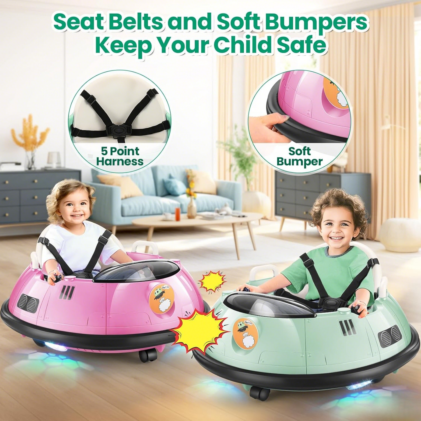 🛴Electric Bumper Car for Kids, 12V Battery Powered Bumper Cars for Girls Boys, 360 Degree Spin, 5-Point Safety Belt, Two Driving Mode