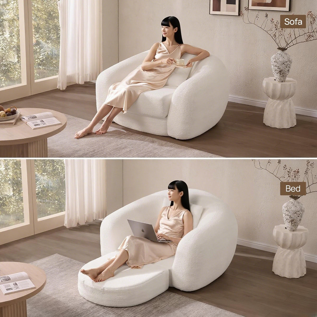 ✨Curved Convertible Sofa Couch Bed for Living Room, Futon Cloud Boneless Sleeper Chair, Pull Out Floor Couch with Deep Seet Single Sofa Foam Lounger, No Assembly for Bedroom Apartment