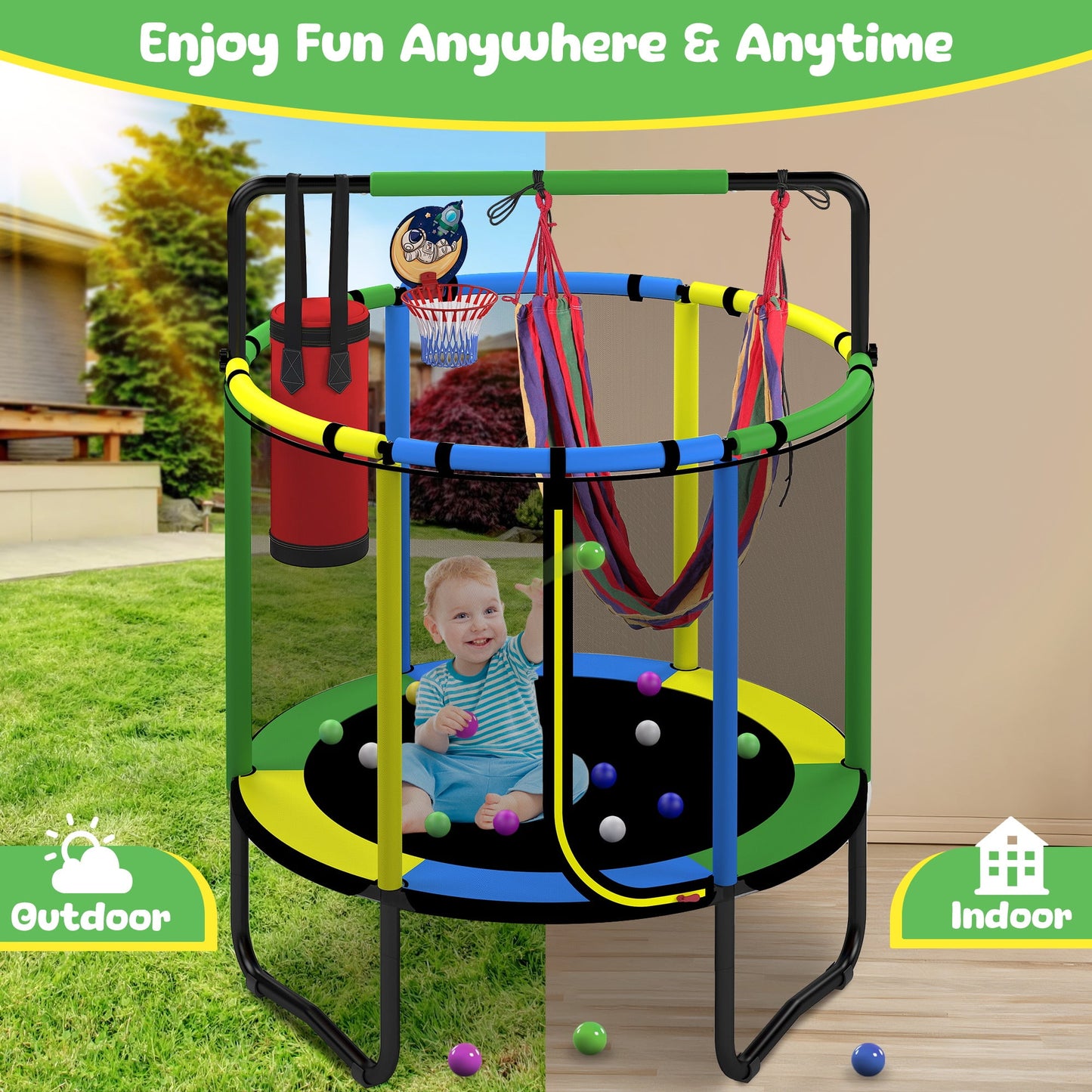 🌈Mini Round Trampoline for Kids, Indoor Outdoor Toddler Trampoline with Enclosure Net,Swing,Sandbag,Ring,Ocean Balls, Small Trampoline Gift for Boys Girls
