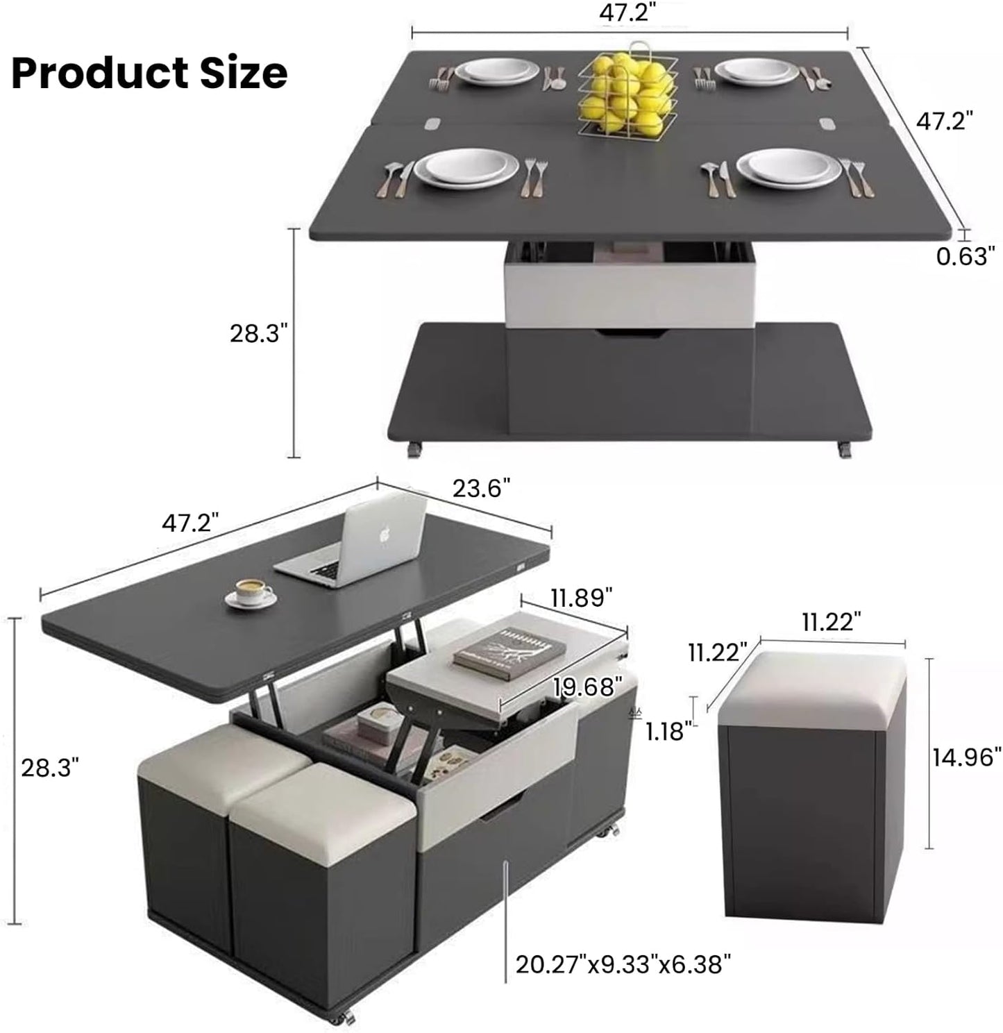 ✨Lift Top Coffee Table with 4 Stools, Multifunctional Coffee Table with Storage Space, Pop Up Coffee Table for Living Room