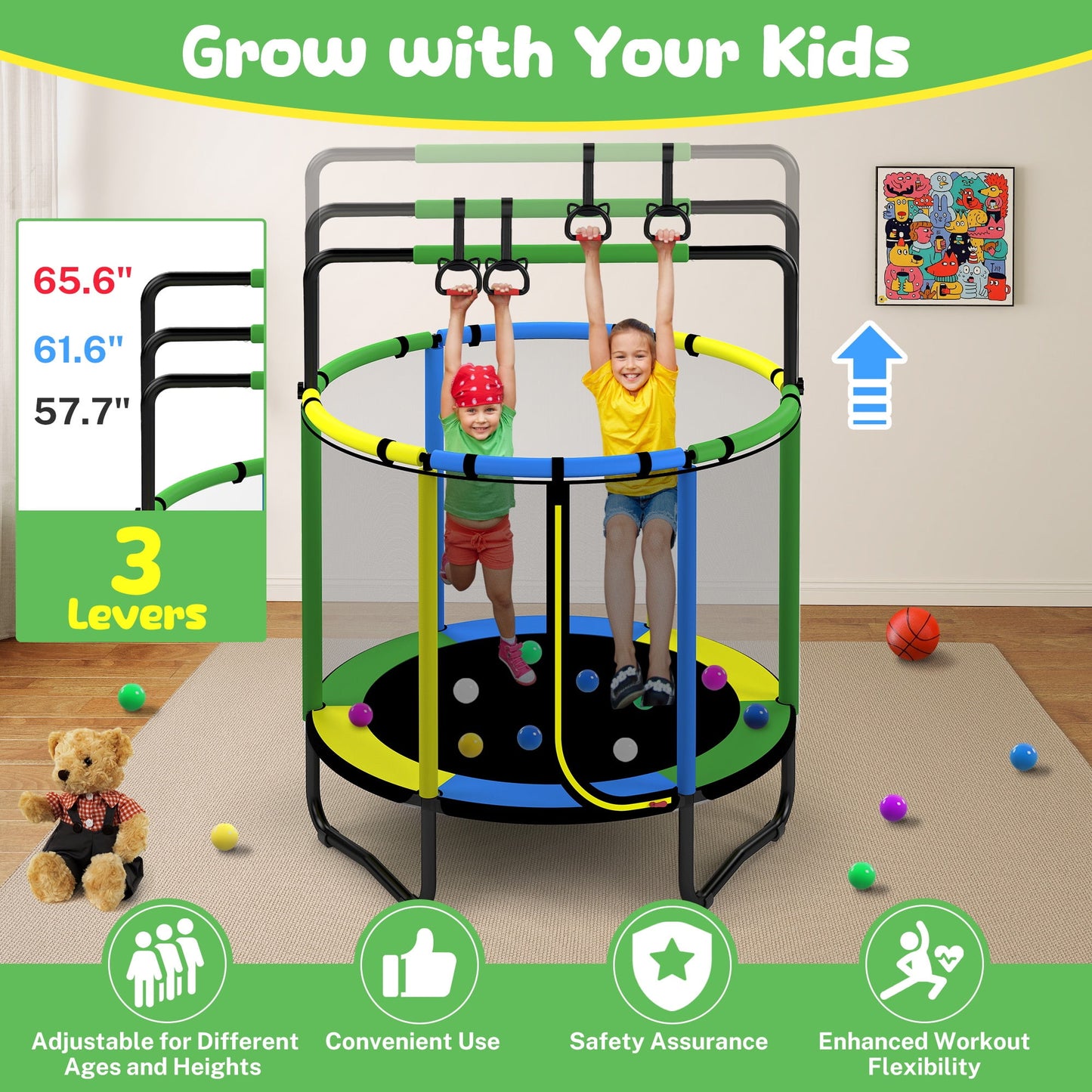 🌈Mini Round Trampoline for Kids, Indoor Outdoor Toddler Trampoline with Enclosure Net,Swing,Sandbag,Ring,Ocean Balls, Small Trampoline Gift for Boys Girls