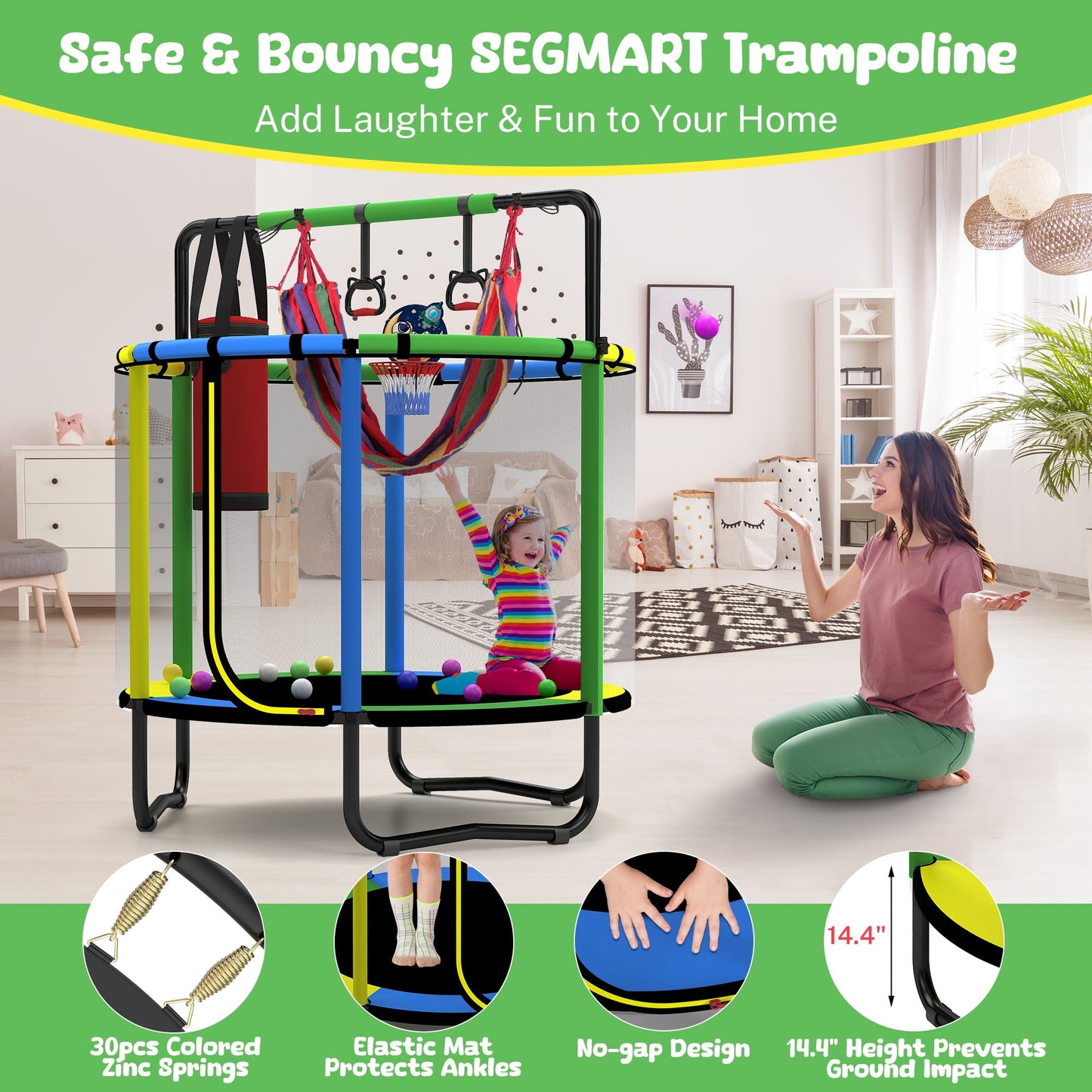 🌈Mini Round Trampoline for Kids, Indoor Outdoor Toddler Trampoline with Enclosure Net,Swing,Sandbag,Ring,Ocean Balls, Small Trampoline Gift for Boys Girls