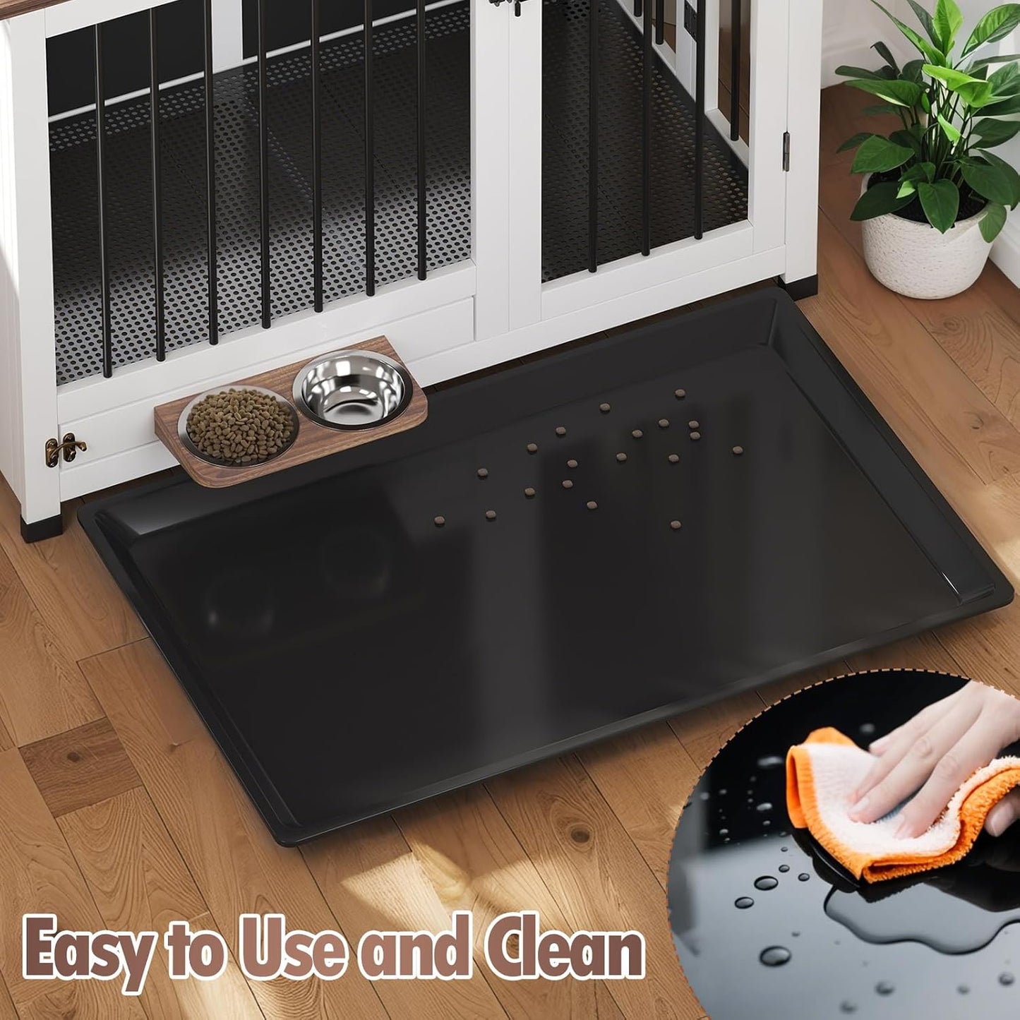 🐾Wooden Dog Kennel with 360° Rotating Feeder & Removable Tray, Indoor Multi-Functional End Table for Medium & Small Dogs, White Dog Cage, Portable Pet Furniture