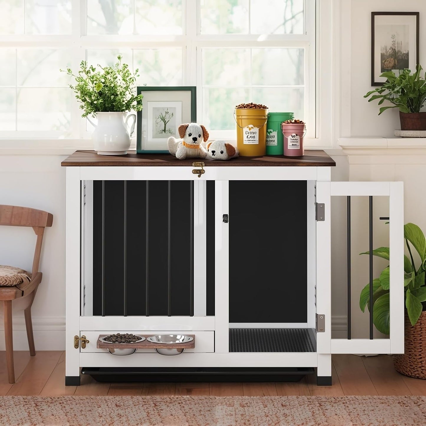 🐾Wooden Dog Kennel with 360° Rotating Feeder & Removable Tray, Indoor Multi-Functional End Table for Medium & Small Dogs, White Dog Cage, Portable Pet Furniture