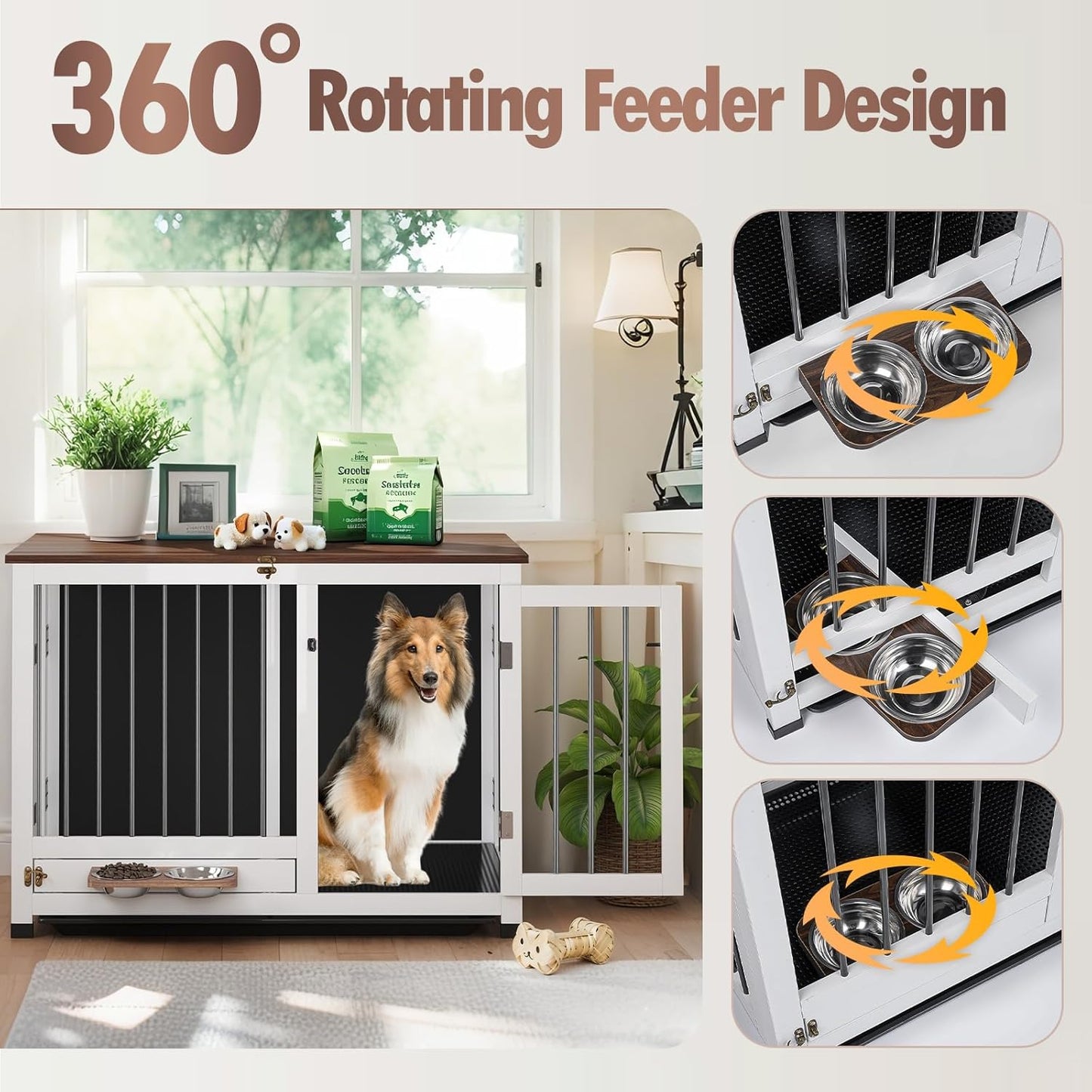 🐾Wooden Dog Kennel with 360° Rotating Feeder & Removable Tray, Indoor Multi-Functional End Table for Medium & Small Dogs, White Dog Cage, Portable Pet Furniture