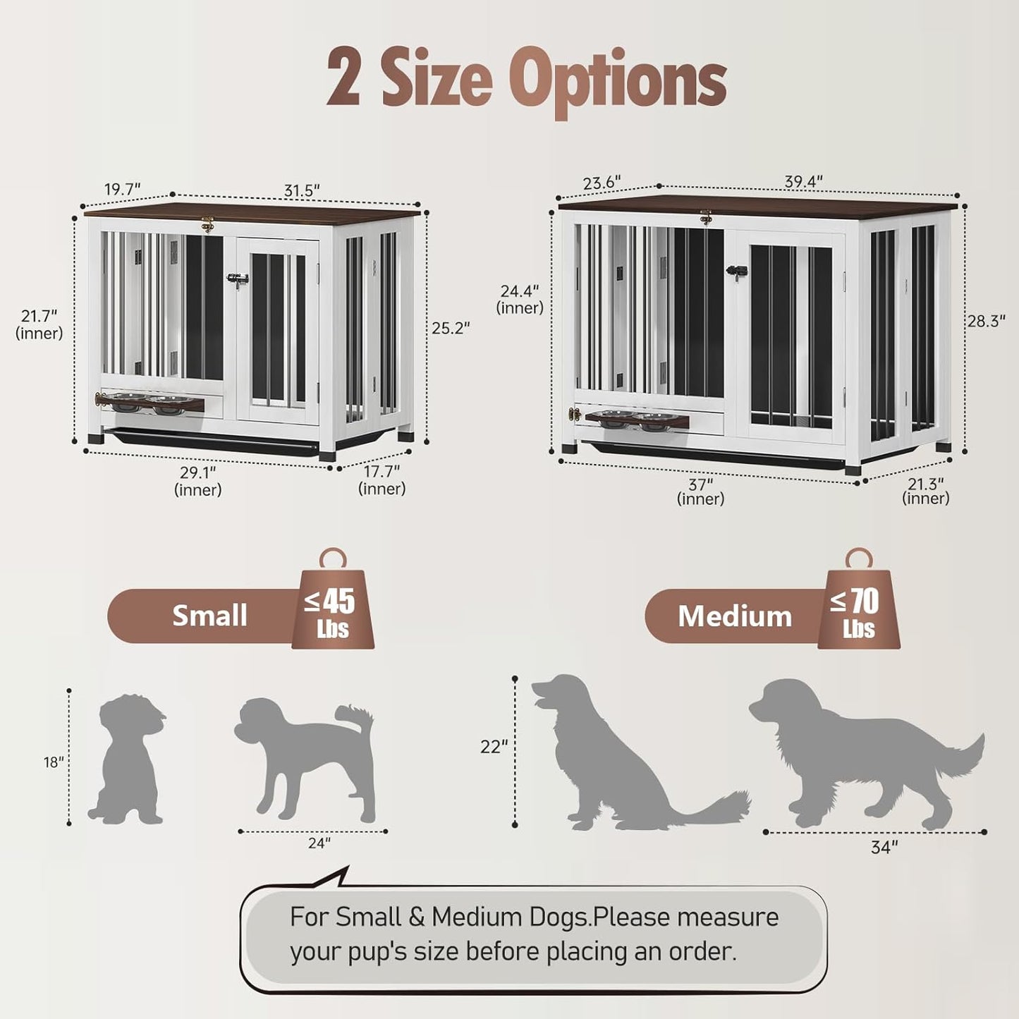 🐾Wooden Dog Kennel with 360° Rotating Feeder & Removable Tray, Indoor Multi-Functional End Table for Medium & Small Dogs, White Dog Cage, Portable Pet Furniture