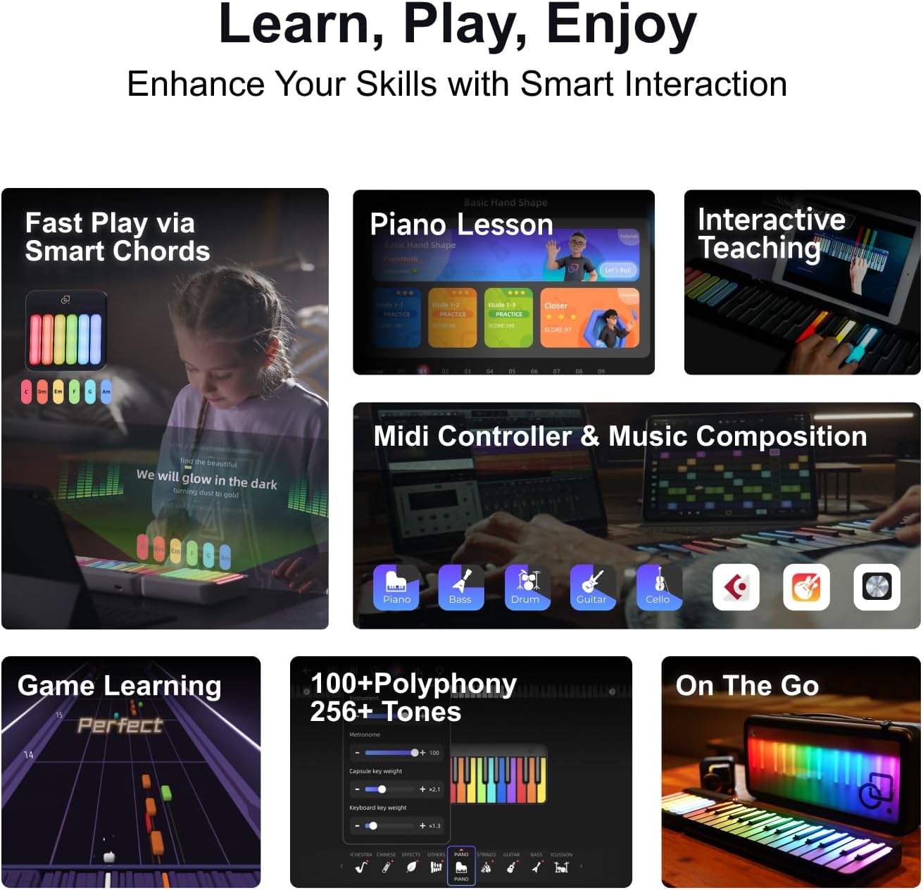 🎶Smart Piano Keyboard,Rainbow LED Lights&Free Apps, 256 Voices,100+ Auto Chords,MIDI Support,59-Key Digital Piano for Beginners,Gift for Birthdays or Holidays