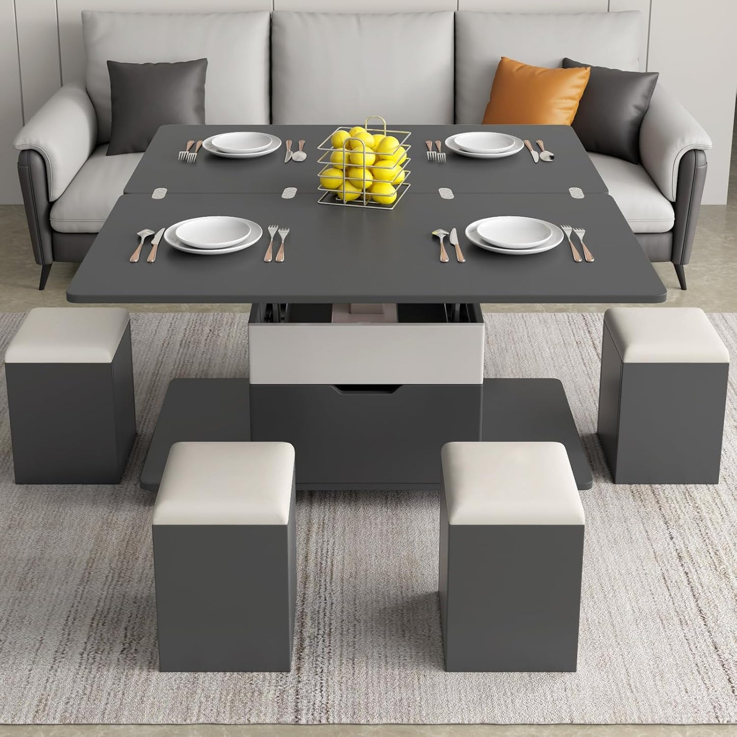 ✨Lift Top Coffee Table with 4 Stools, Multifunctional Coffee Table with Storage Space, Pop Up Coffee Table for Living Room