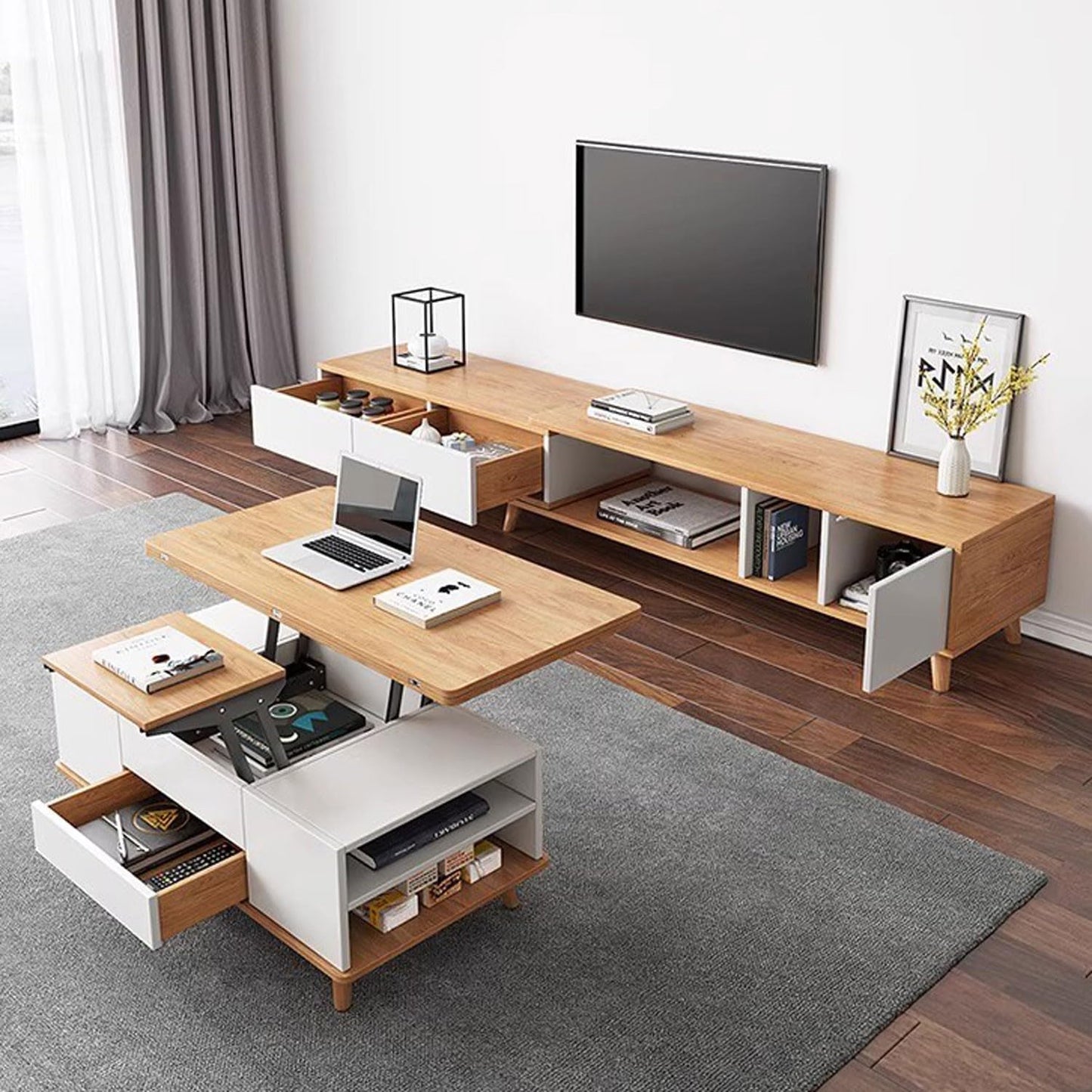 ✨Lift Top Coffee Table with 4 Stools, Multifunctional Coffee Table with Storage Space, Pop Up Coffee Table for Living Room