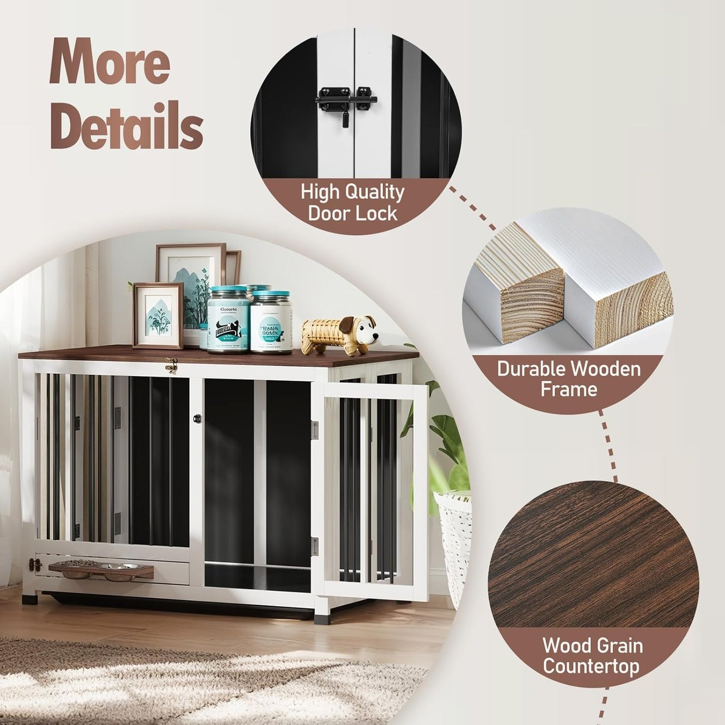 🐾Wooden Dog Kennel with 360° Rotating Feeder & Removable Tray, Indoor Multi-Functional End Table for Medium & Small Dogs, White Dog Cage, Portable Pet Furniture