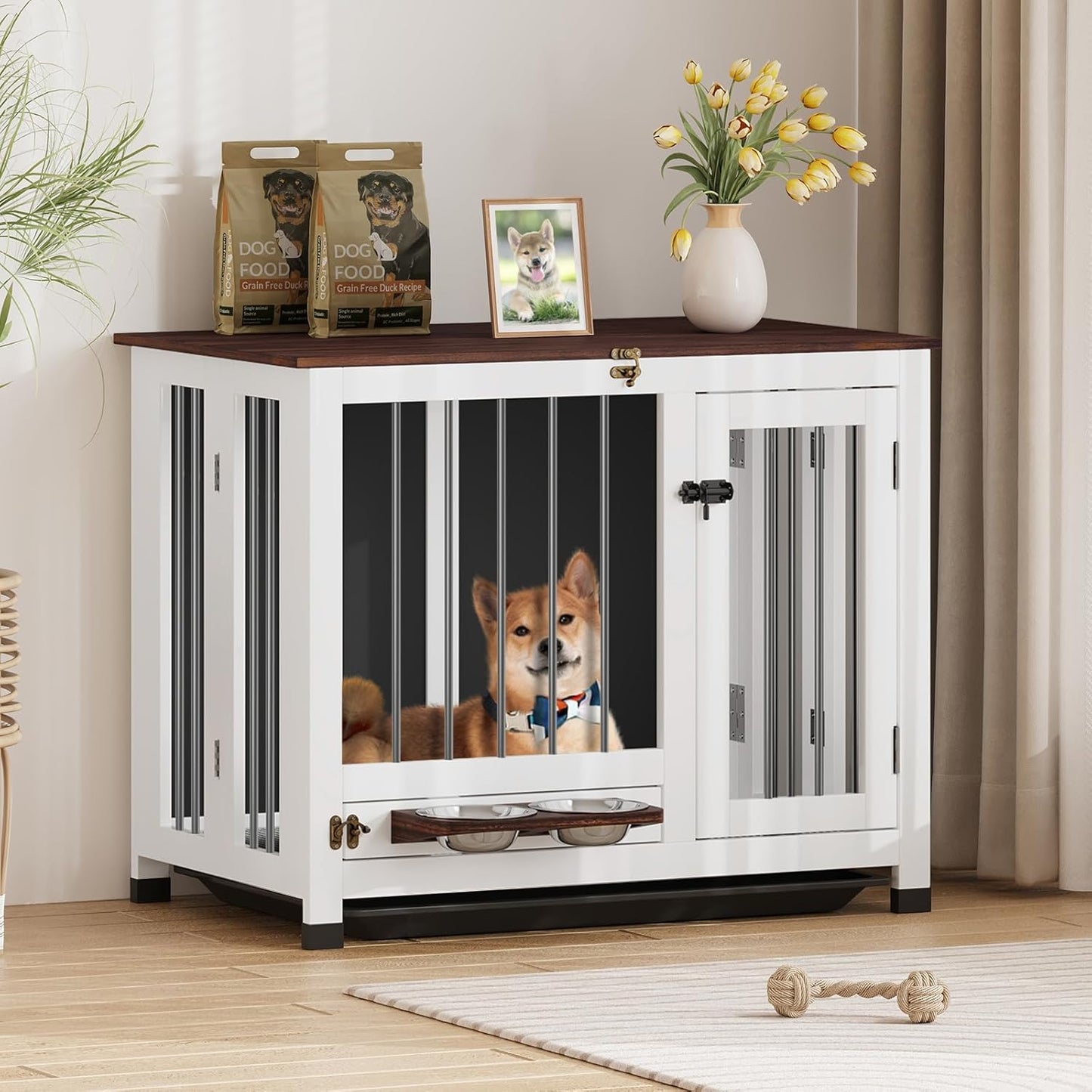 🐾Wooden Dog Kennel with 360° Rotating Feeder & Removable Tray, Indoor Multi-Functional End Table for Medium & Small Dogs, White Dog Cage, Portable Pet Furniture