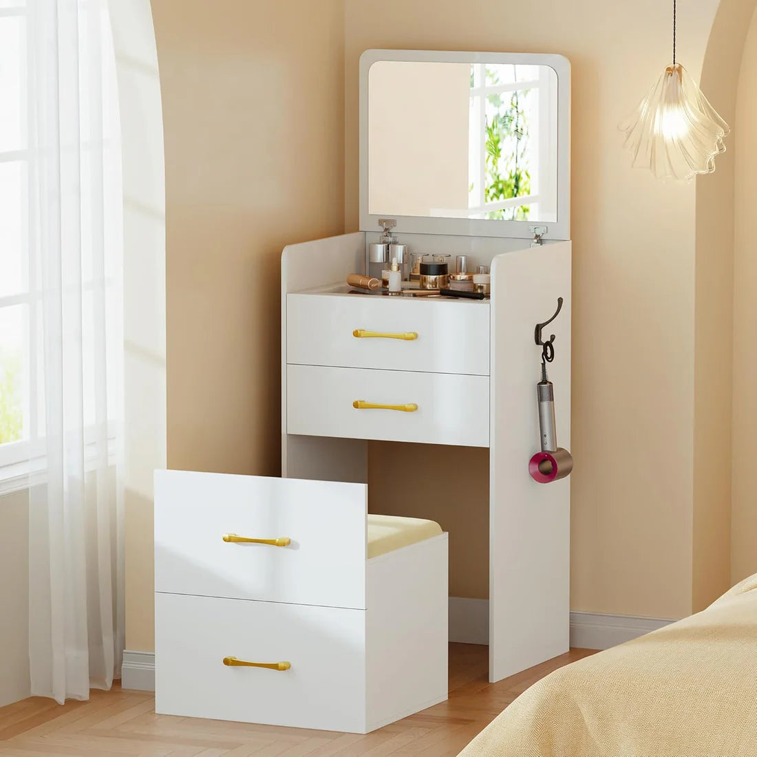 🌟Bedside Table Dressing Table Storage Integrated and Bedroom Flip Over Makeup Table