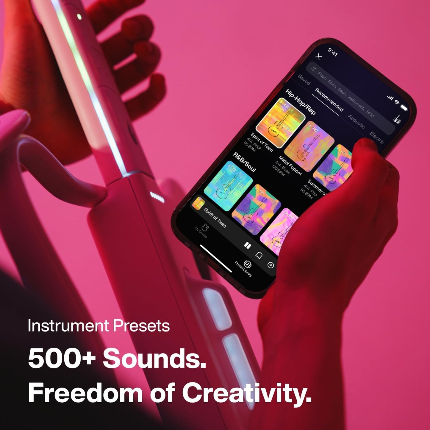 🎸Stringless Smart Guitar, No Strings Attached, Hundreds of Instrument Presets, Onboard Speaker, Foldable, Detachable