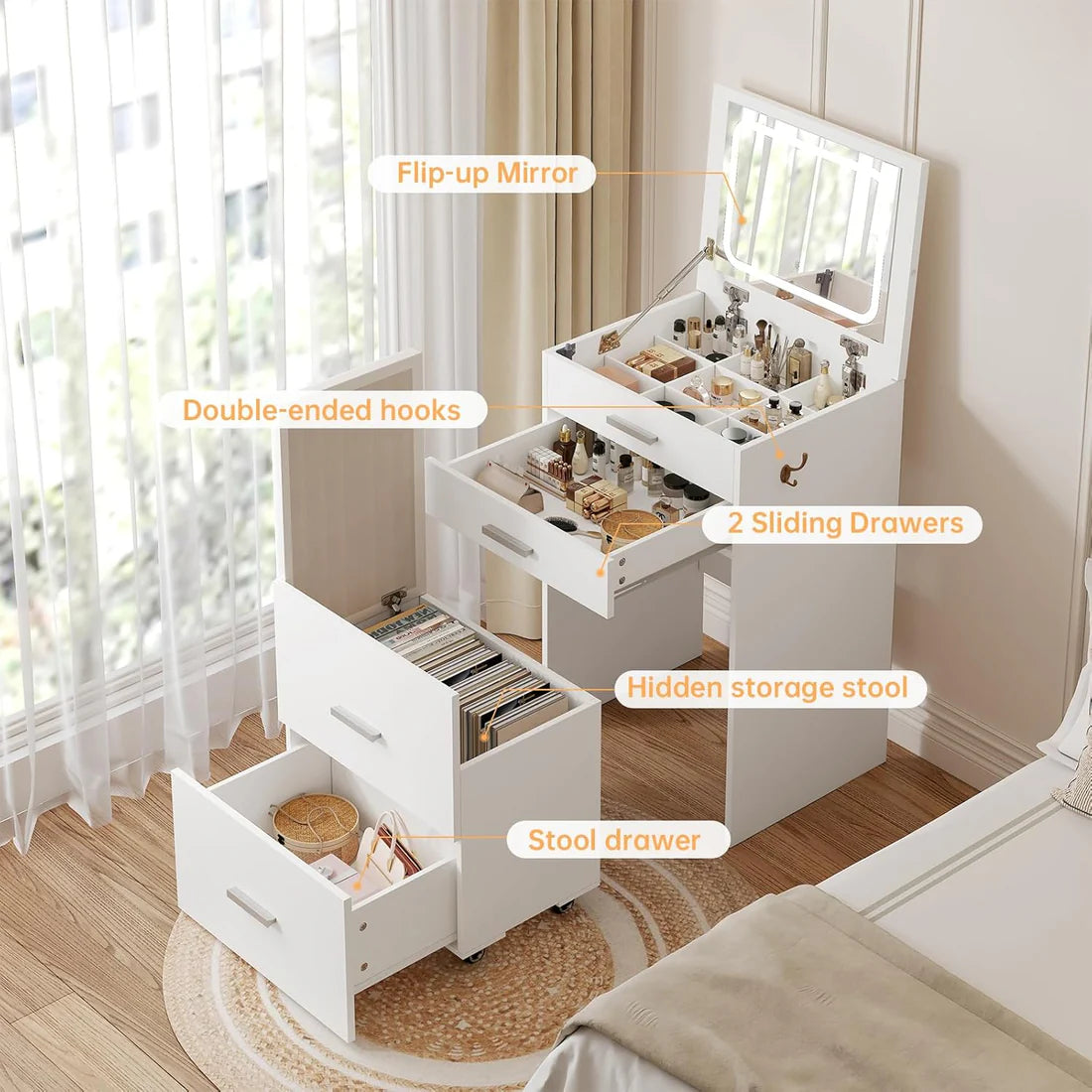 🌟Bedside Table Dressing Table Storage Integrated and Bedroom Flip Over Makeup Table