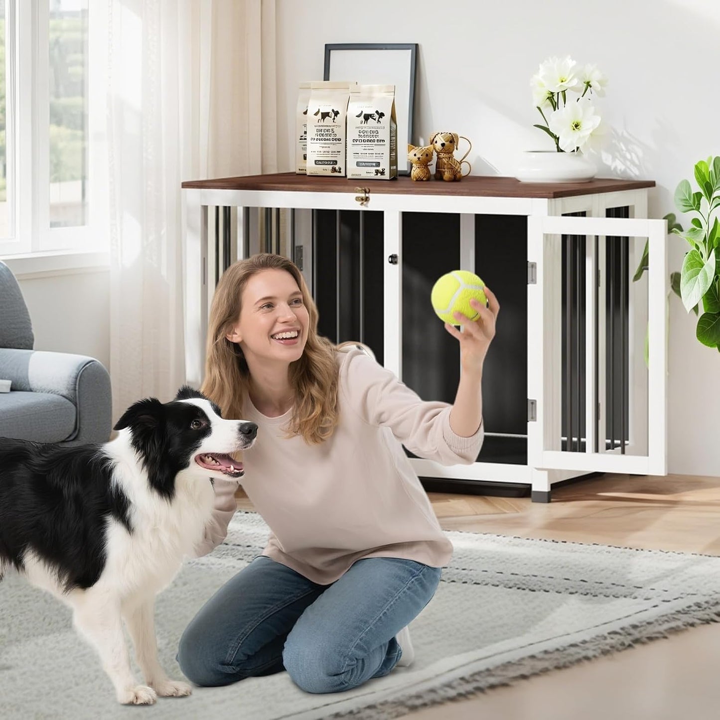 🐾Wooden Dog Kennel with 360° Rotating Feeder & Removable Tray, Indoor Multi-Functional End Table for Medium & Small Dogs, White Dog Cage, Portable Pet Furniture