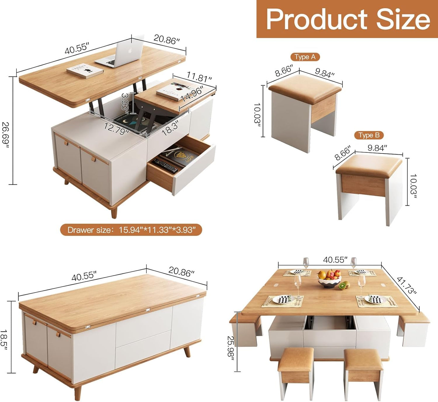 ✨Lift Top Coffee Table with 4 Stools, Multifunctional Coffee Table with Storage Space, Pop Up Coffee Table for Living Room