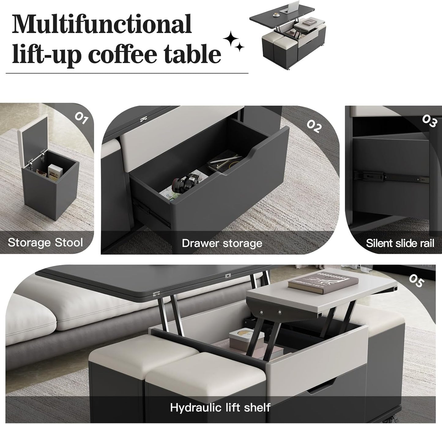 ✨Lift Top Coffee Table with 4 Stools, Multifunctional Coffee Table with Storage Space, Pop Up Coffee Table for Living Room
