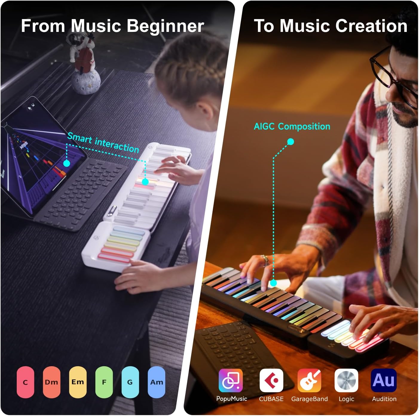 🎶Smart Piano Keyboard,Rainbow LED Lights&Free Apps, 256 Voices,100+ Auto Chords,MIDI Support,59-Key Digital Piano for Beginners,Gift for Birthdays or Holidays
