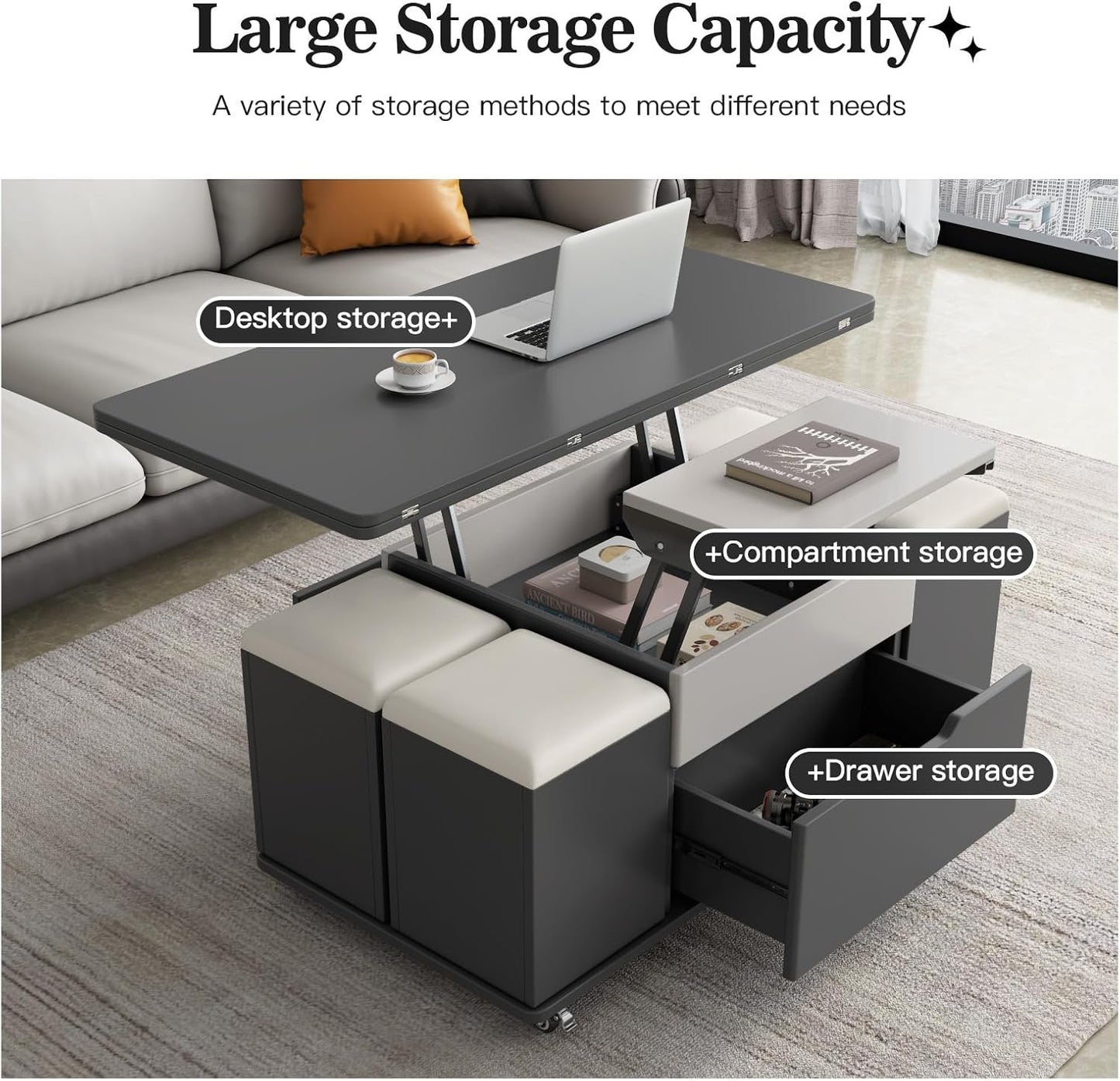 ✨Lift Top Coffee Table with 4 Stools, Multifunctional Coffee Table with Storage Space, Pop Up Coffee Table for Living Room