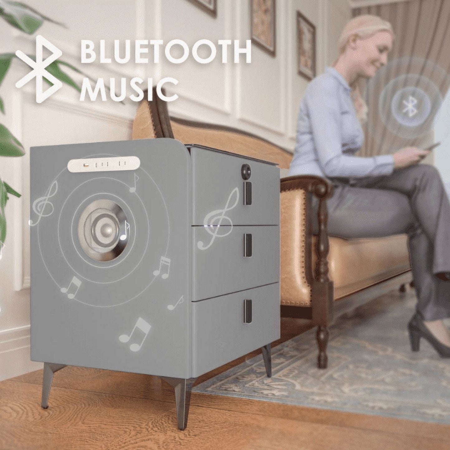🌟Modern End Side Table, Smart Nightstand with 3 Drawers End Table USB Adjustable Led Lights Bedside Dresse Lock Speaker
