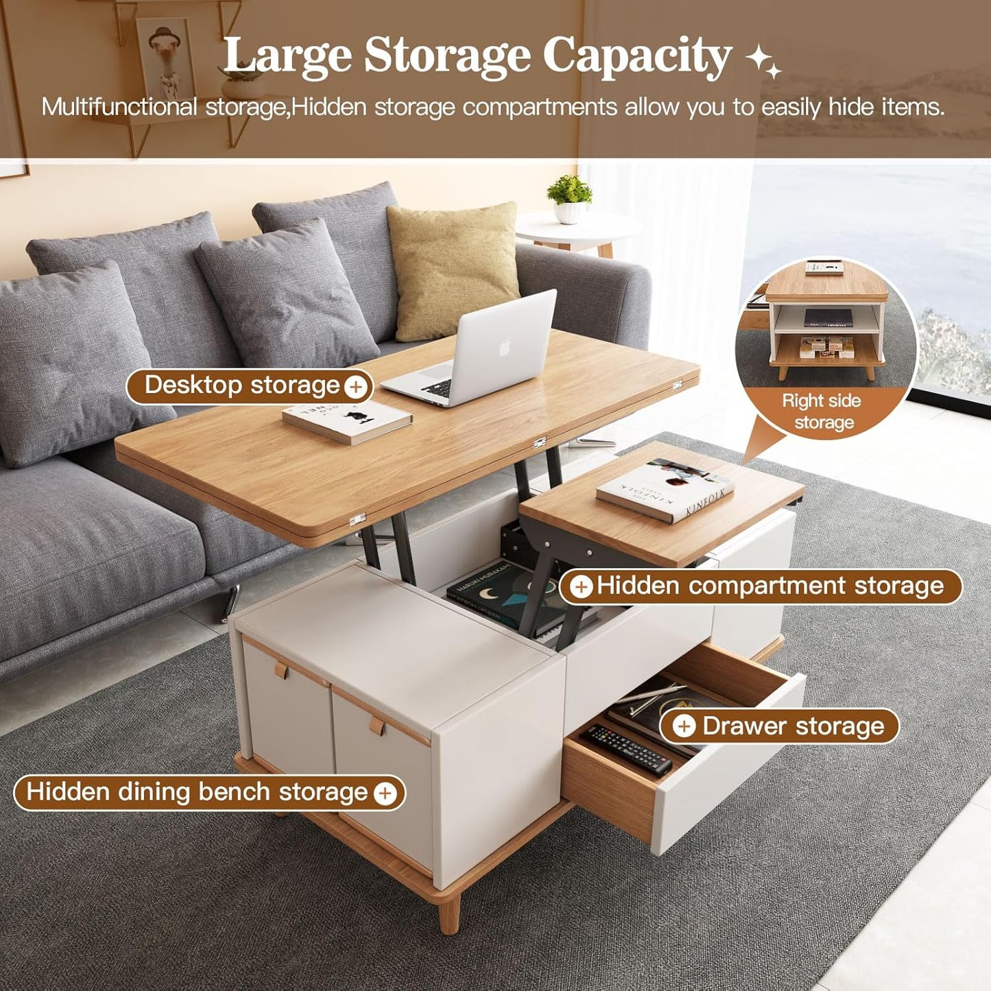 ✨Lift Top Coffee Table with 4 Stools, Multifunctional Coffee Table with Storage Space, Pop Up Coffee Table for Living Room