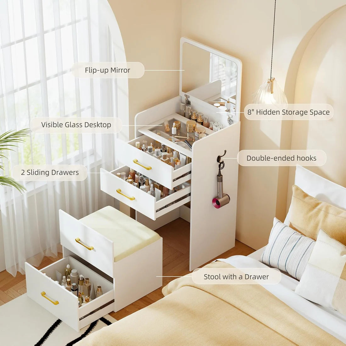 🌟Bedside Table Dressing Table Storage Integrated and Bedroom Flip Over Makeup Table