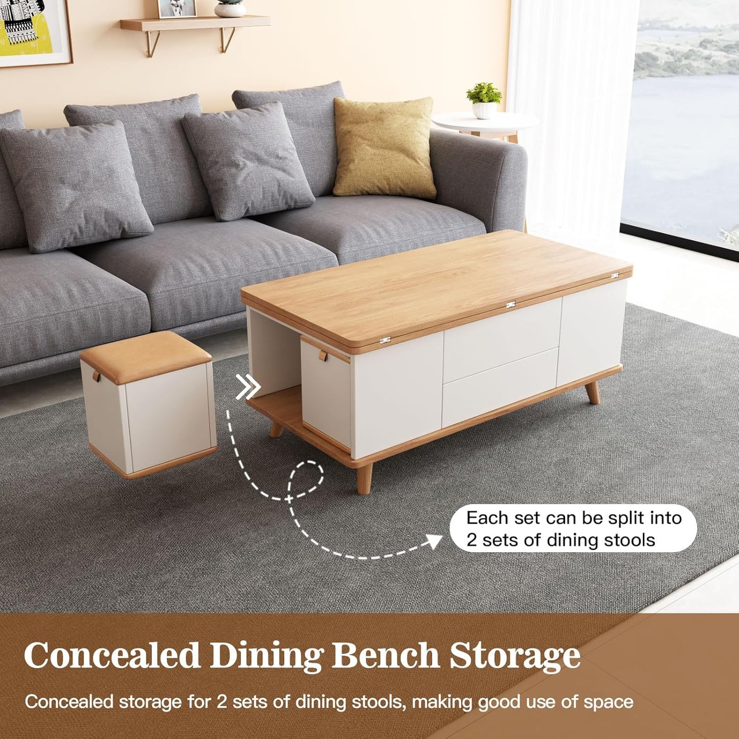 ✨Lift Top Coffee Table with 4 Stools, Multifunctional Coffee Table with Storage Space, Pop Up Coffee Table for Living Room