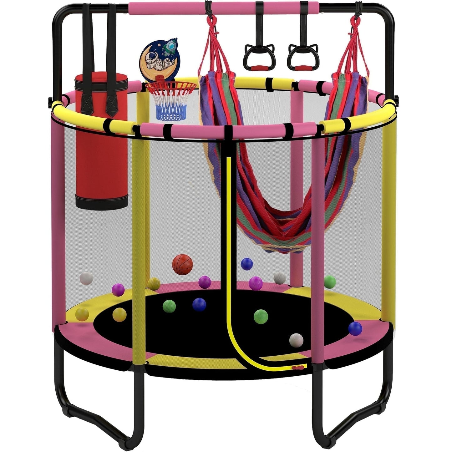 🌈Mini Round Trampoline for Kids, Indoor Outdoor Toddler Trampoline with Enclosure Net,Swing,Sandbag,Ring,Ocean Balls, Small Trampoline Gift for Boys Girls