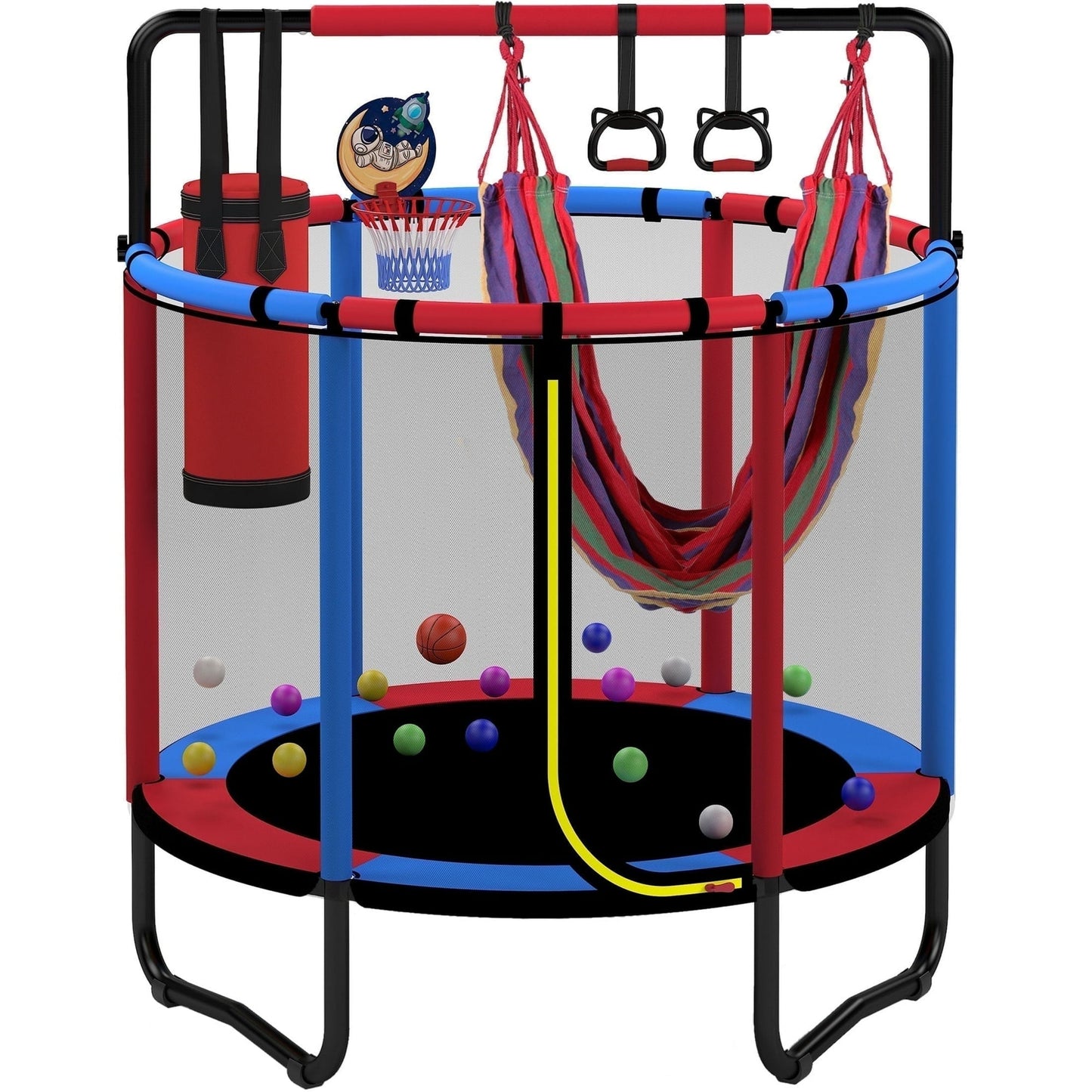 🌈Mini Round Trampoline for Kids, Indoor Outdoor Toddler Trampoline with Enclosure Net,Swing,Sandbag,Ring,Ocean Balls, Small Trampoline Gift for Boys Girls