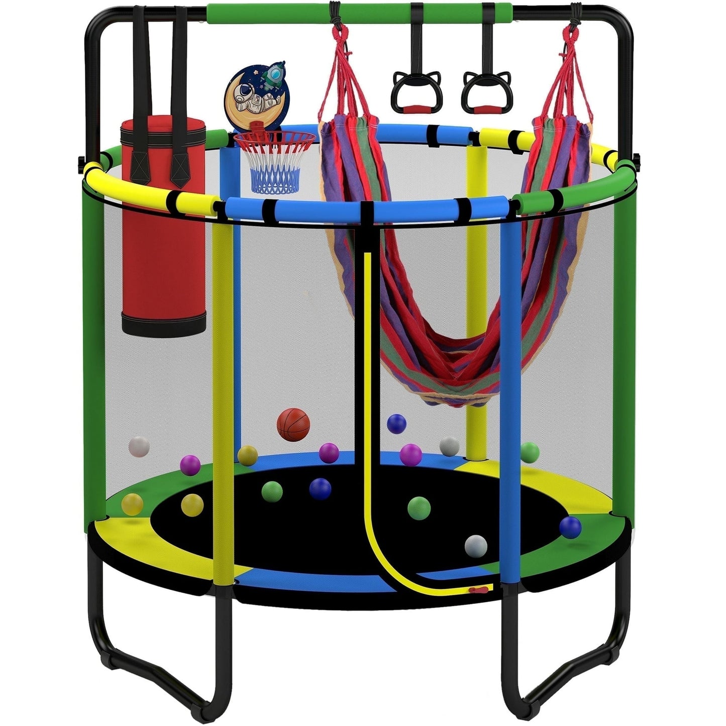 🌈Mini Round Trampoline for Kids, Indoor Outdoor Toddler Trampoline with Enclosure Net,Swing,Sandbag,Ring,Ocean Balls, Small Trampoline Gift for Boys Girls