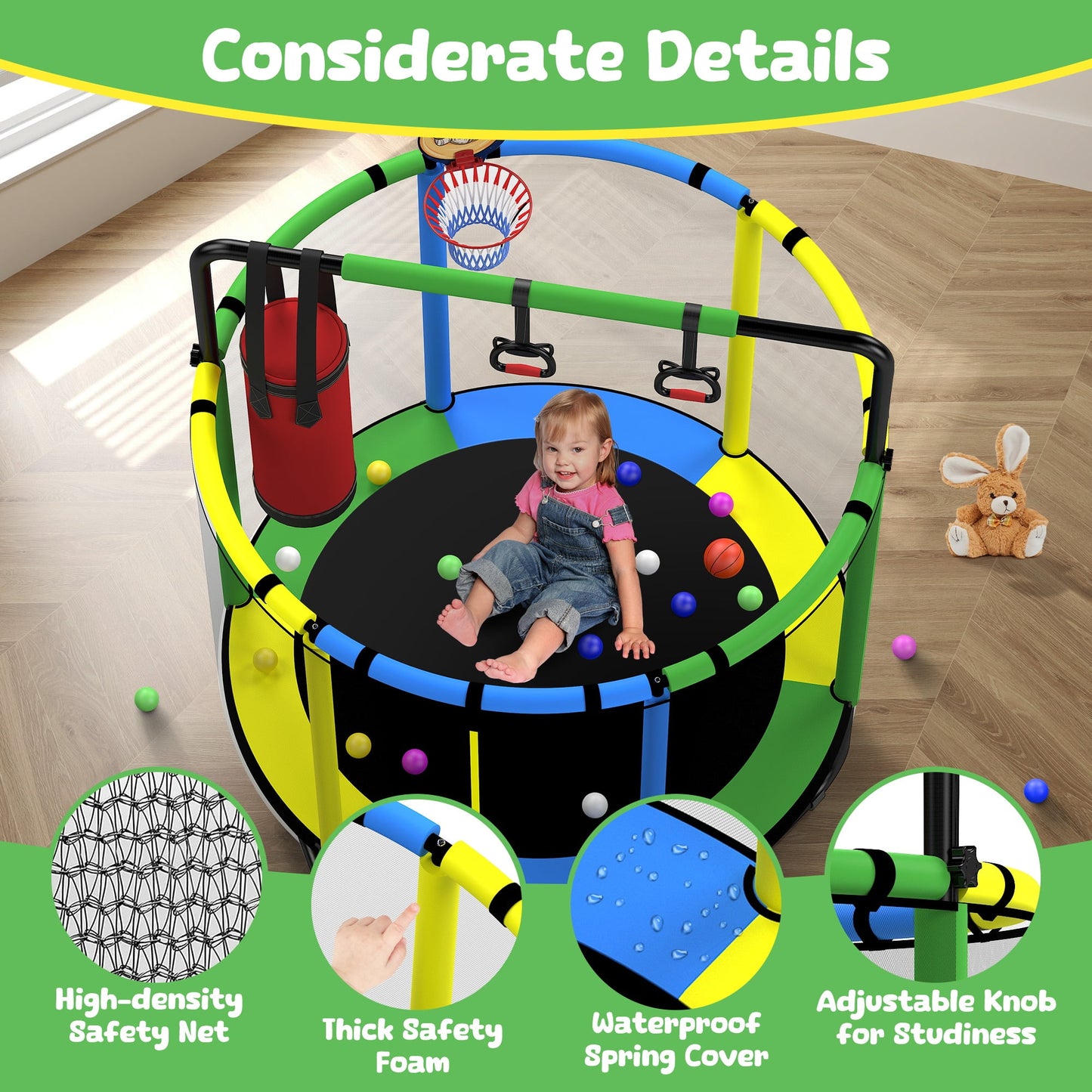 🌈Mini Round Trampoline for Kids, Indoor Outdoor Toddler Trampoline with Enclosure Net,Swing,Sandbag,Ring,Ocean Balls, Small Trampoline Gift for Boys Girls