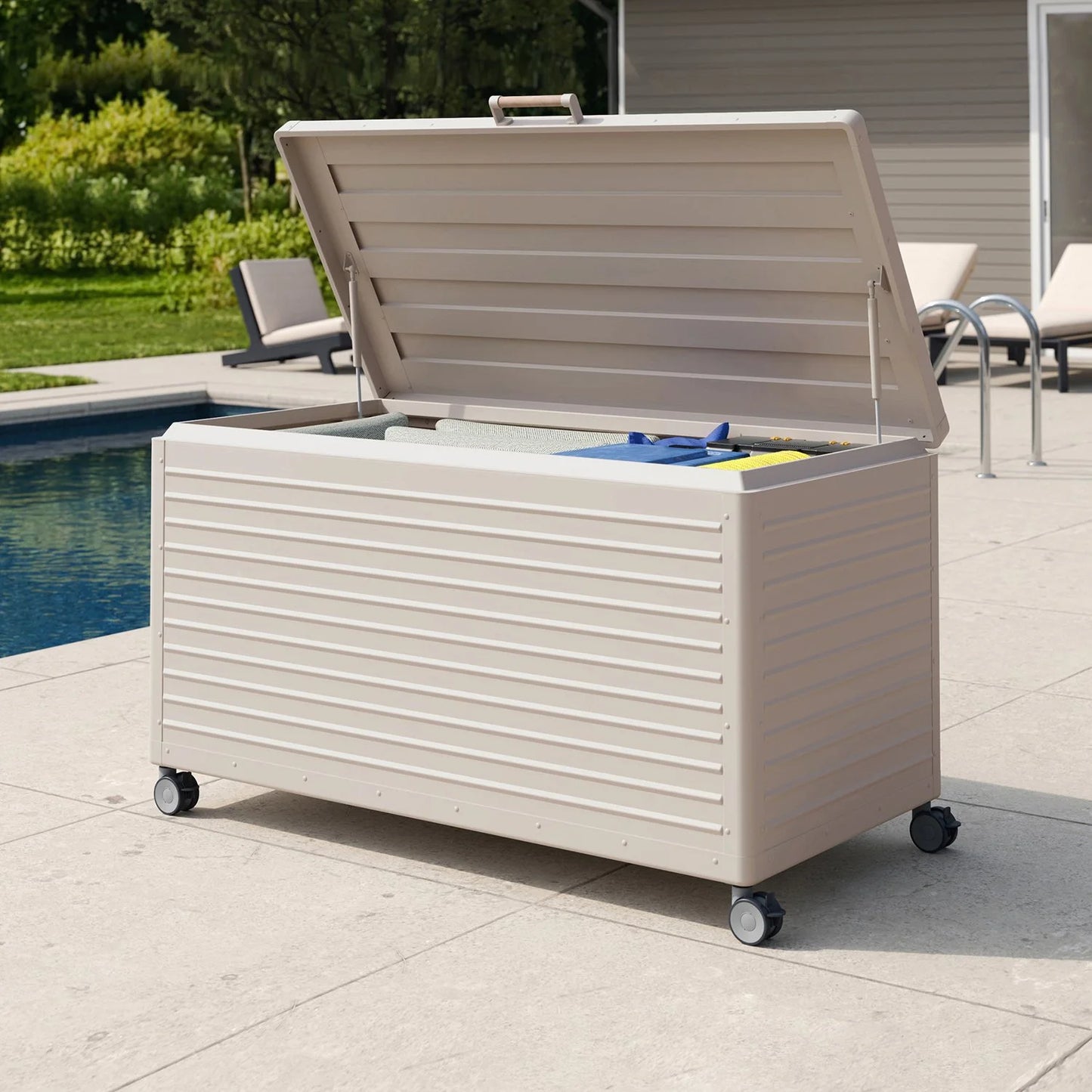 ✨Large Outdoor Metal Deck Box with Wheels, Storage Box with Lid for Patio Furniture, Garden Tools, Outdoor Cushion