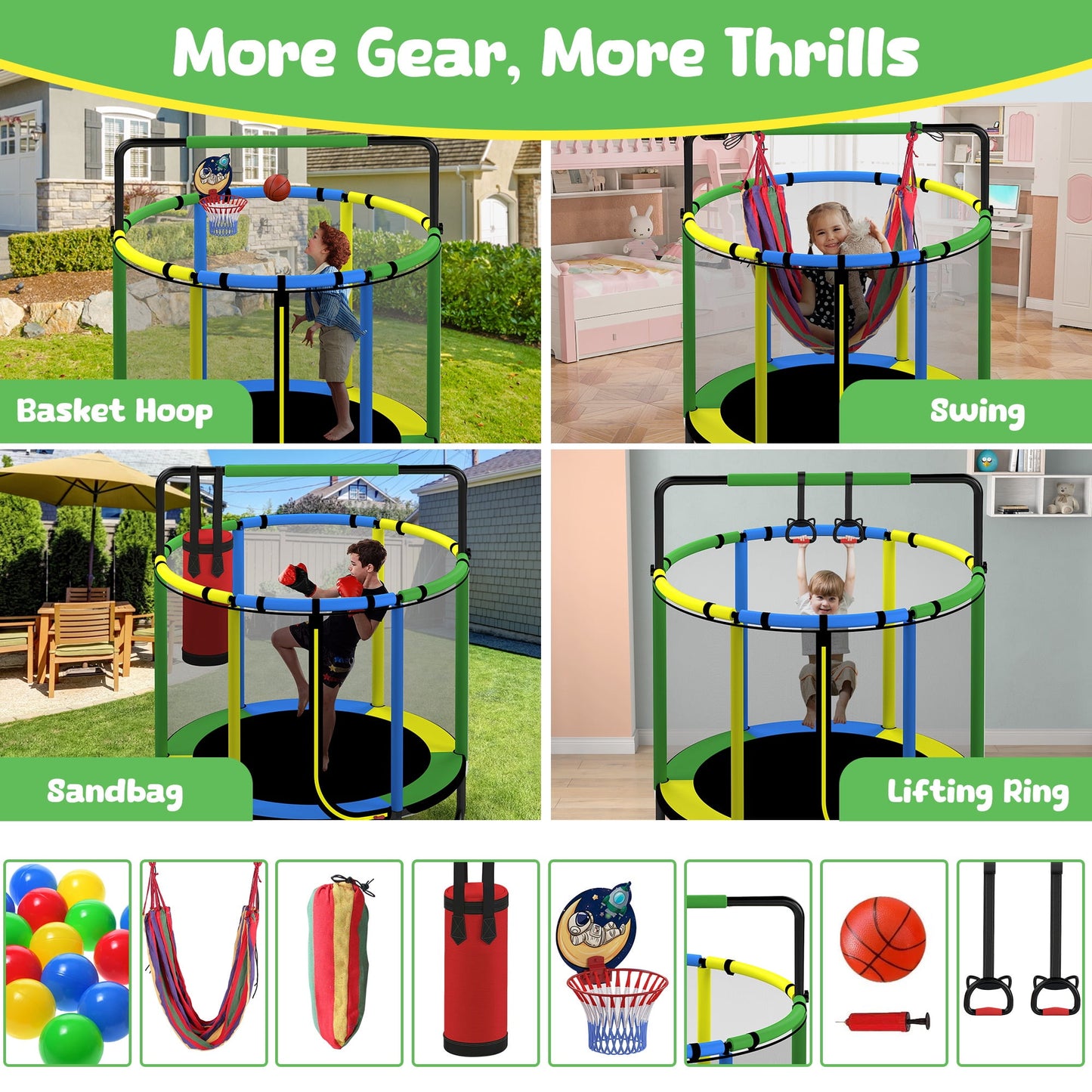 🌈Mini Round Trampoline for Kids, Indoor Outdoor Toddler Trampoline with Enclosure Net,Swing,Sandbag,Ring,Ocean Balls, Small Trampoline Gift for Boys Girls