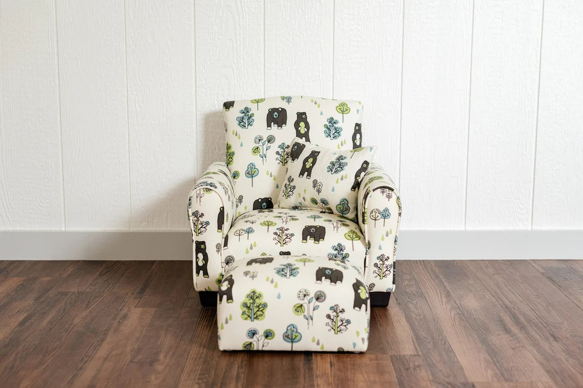 Personalized Kids Chair, Childs Upholstered Rocking Chair, Toddler Chair, Kids Armchair - Bears and Trees Print