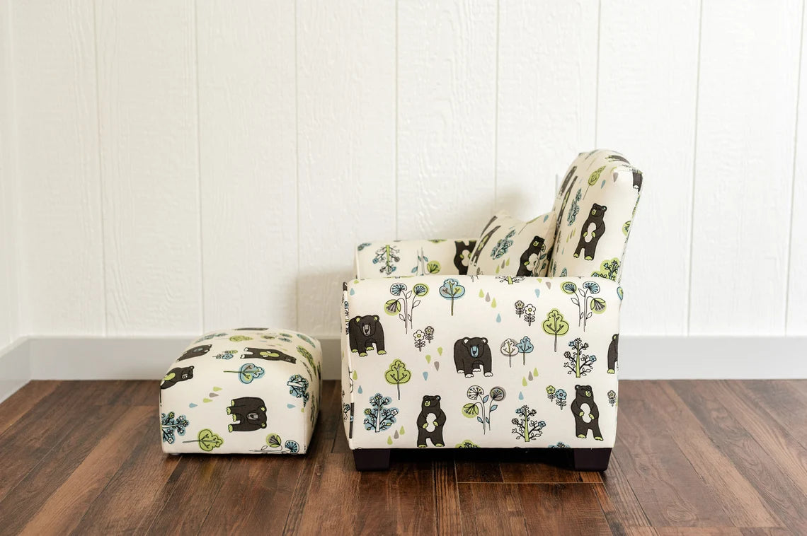 Personalized Kids Chair, Childs Upholstered Rocking Chair, Toddler Chair, Kids Armchair - Bears and Trees Print