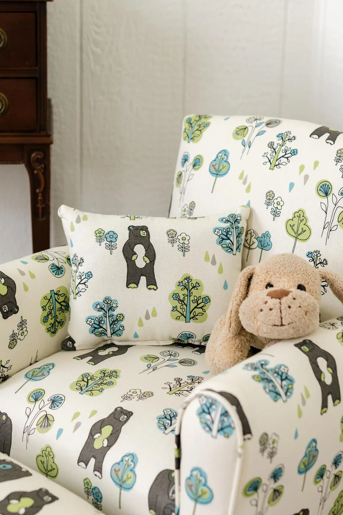 Personalized Kids Chair, Childs Upholstered Rocking Chair, Toddler Chair, Kids Armchair - Bears and Trees Print
