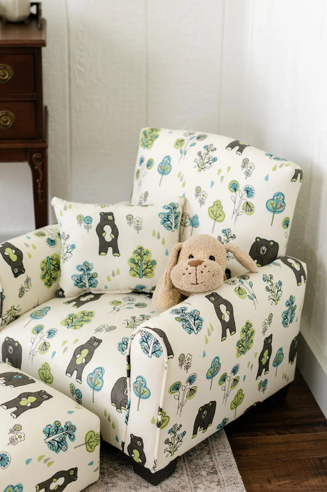 Personalized Kids Chair, Childs Upholstered Rocking Chair, Toddler Chair, Kids Armchair - Bears and Trees Print