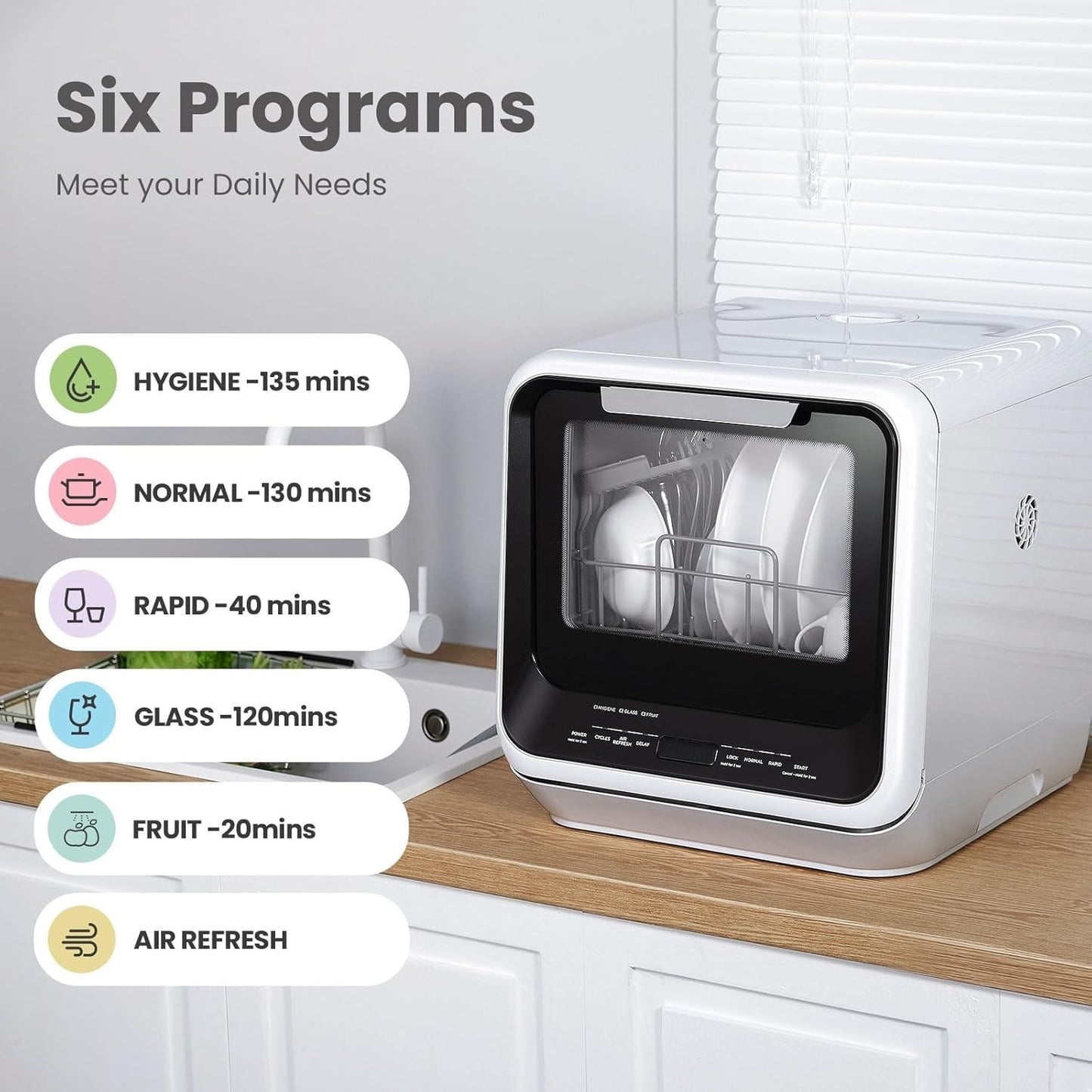✨Portable Mini Dishwasher Countertop with 5L Built-in Water Tank for Apartments& RVs, No Hookup Needed, 6 Programs, 360° Dual Spray, 162℉ High-Temp& Air-Dry Function