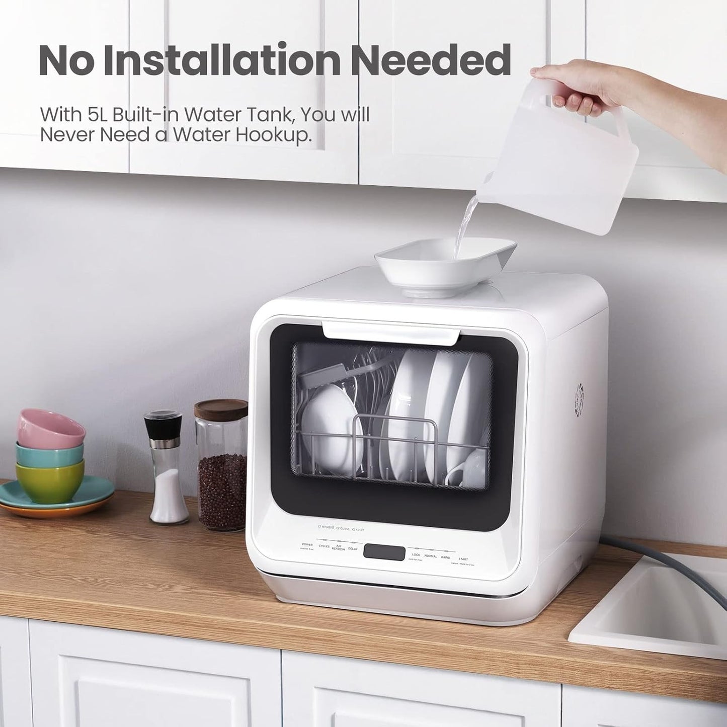 ✨Portable Mini Dishwasher Countertop with 5L Built-in Water Tank for Apartments& RVs, No Hookup Needed, 6 Programs, 360° Dual Spray, 162℉ High-Temp& Air-Dry Function