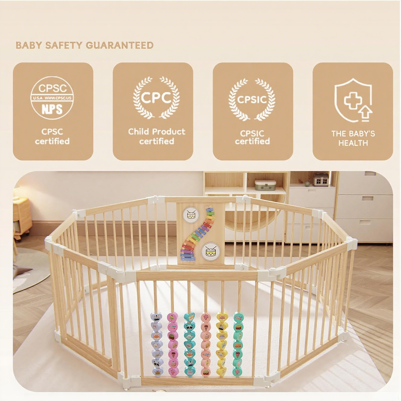 🌟Baby Playpen, Adjustable Shape Play Pen for Toddlers 1-3 Years, Foldable Playpen Large Collapsible Wooden Fence Panels with Toys, Indoor Play Yard for Baby