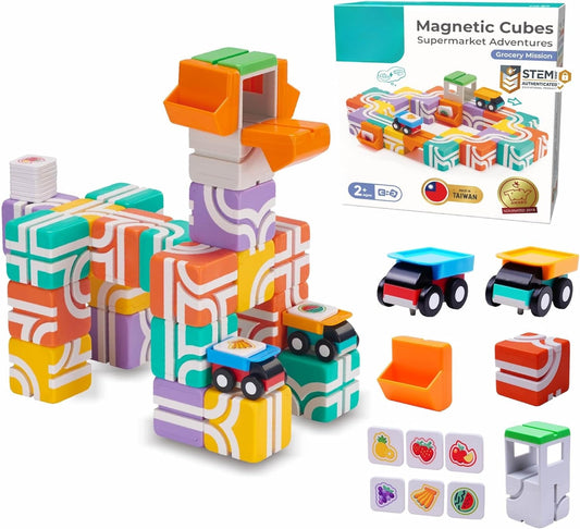 🎈STEM Magnetic Building Blocks with Trucks & Fruit Tiles, Educational Sensory Magnet Toys,Montessori Magnet Building Cubes for Kids