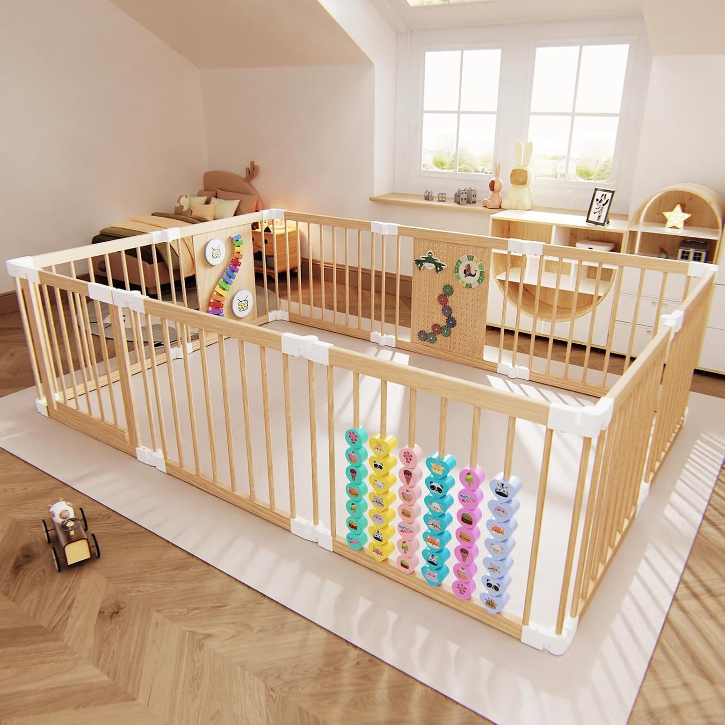 🌟Baby Playpen, Adjustable Shape Play Pen for Toddlers 1-3 Years, Foldable Playpen Large Collapsible Wooden Fence Panels with Toys, Indoor Play Yard for Baby