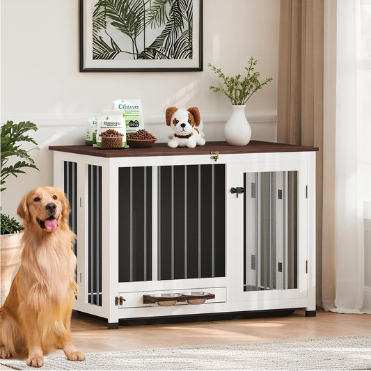 🐾Wooden Dog Kennel with 360° Rotating Feeder & Removable Tray, Indoor Multi-Functional End Table for Medium & Small Dogs, White Dog Cage, Portable Pet Furniture