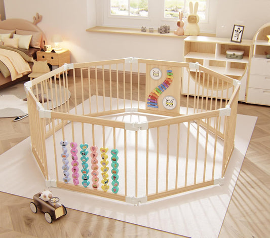 🌟Baby Playpen, Adjustable Shape Play Pen for Toddlers 1-3 Years, Foldable Playpen Large Collapsible Wooden Fence Panels with Toys, Indoor Play Yard for Baby
