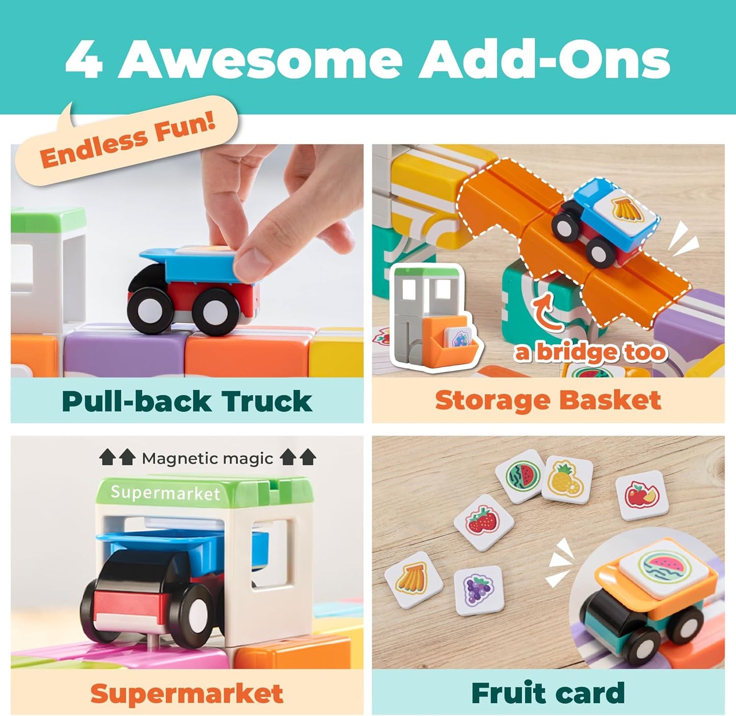 🎈STEM Magnetic Building Blocks with Trucks & Fruit Tiles, Educational Sensory Magnet Toys,Montessori Magnet Building Cubes for Kids