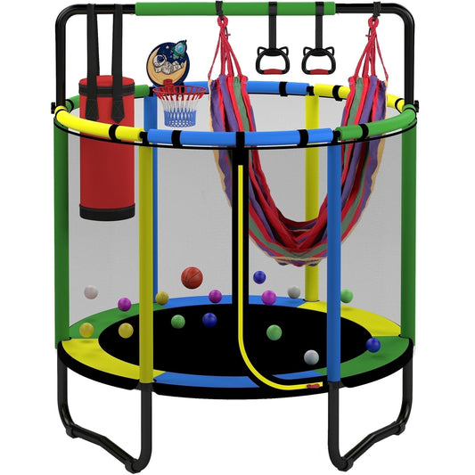 🌈Mini Round Trampoline for Kids, Indoor Outdoor Toddler Trampoline with Enclosure Net,Swing,Sandbag,Ring,Ocean Balls, Small Trampoline Gift for Boys Girls