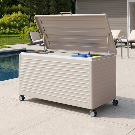 ✨Large Outdoor Metal Deck Box with Wheels, Storage Box with Lid for Patio Furniture, Garden Tools, Outdoor Cushion