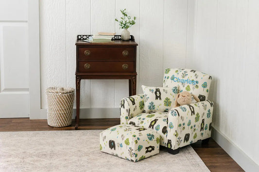 Personalized Kids Chair, Childs Upholstered Rocking Chair, Toddler Chair, Kids Armchair - Bears and Trees Print